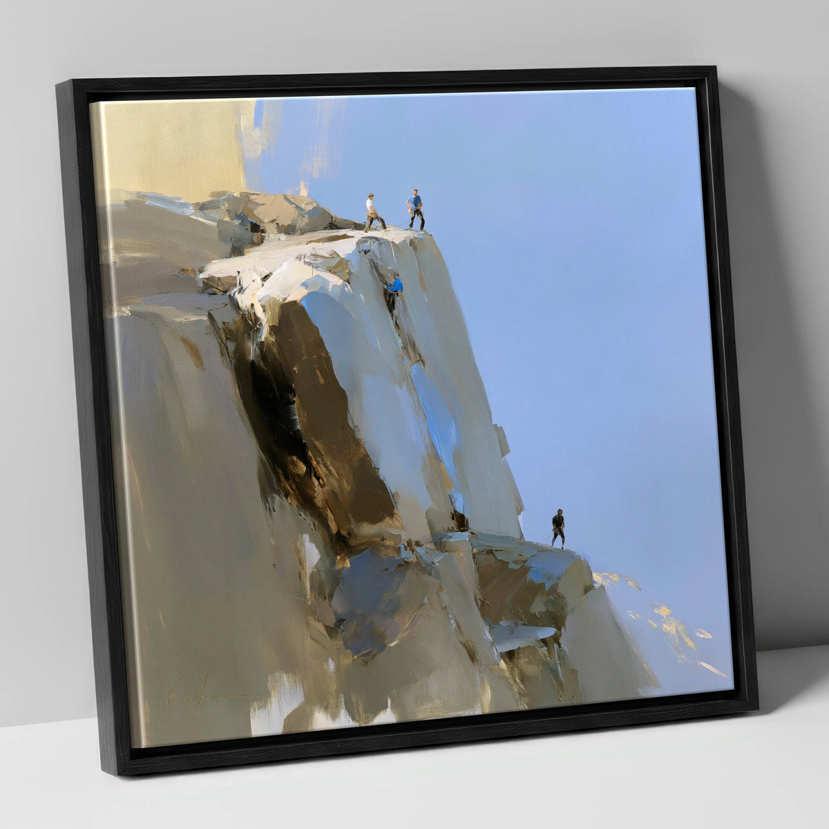 Climbers on a Sunlit Crag lake district walking canvas wall art in black frame
