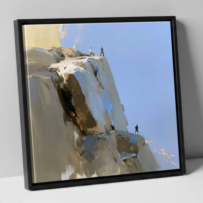 Climbers on a Sunlit Crag lake district walking canvas wall art in black frame