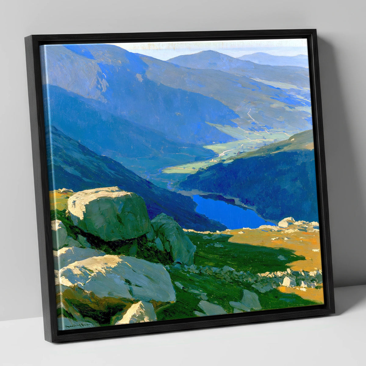 Summit View Over Deep Blue Valley lake district fell canvas wall art in black frame