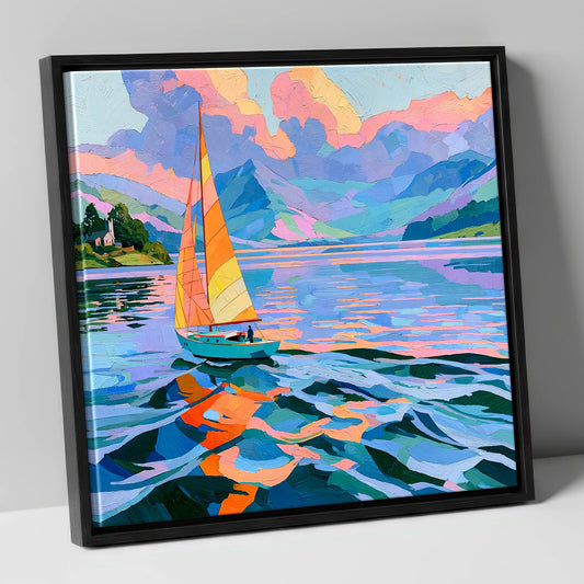 Vibrant Sailboat on Breezy Lake lake district walking canvas wall art in black frame