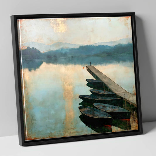 Windermere Jetty in Golden Light lake district lake canvas wall art in black frame
