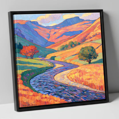 Winding River in Vibrant Valley lake district waterfall canvas wall art in black frame