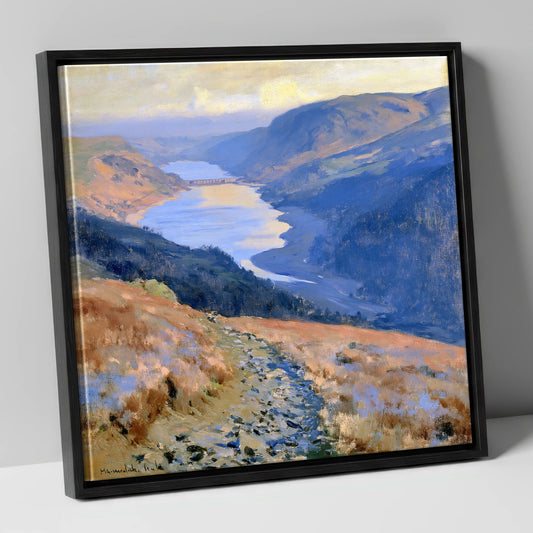Sunlit Thirlmere from Helvellyn Path lake district lake canvas wall art in black frame