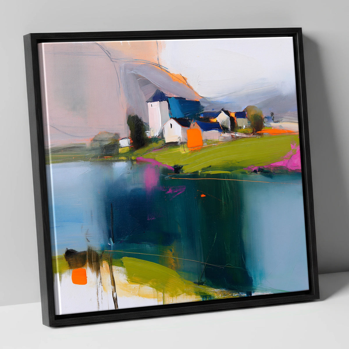 Vibrant Lakeside Village Reflections lake district village canvas wall art in black frame
