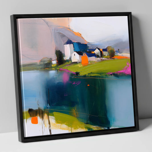Vibrant Lakeside Village Reflections lake district village canvas wall art in black frame