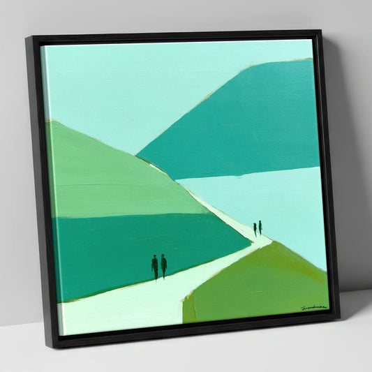 Walkers on Teal Mountain Path lake district walking canvas wall art in black frame