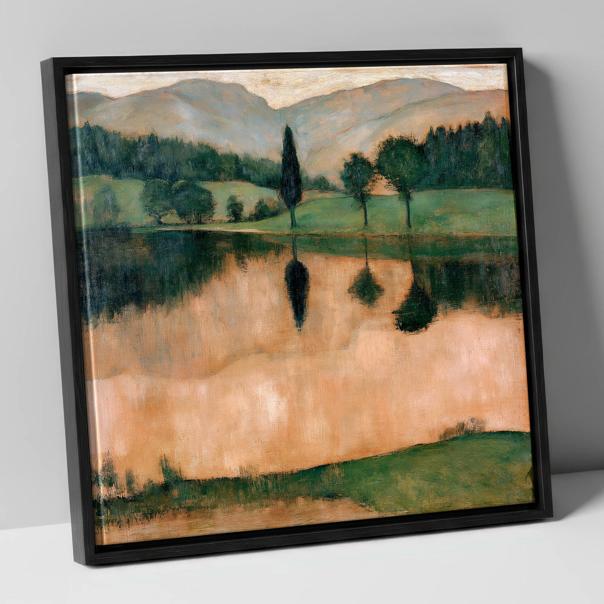 Warm Reflections on a Calm Lake lake district lake canvas wall art in black frame