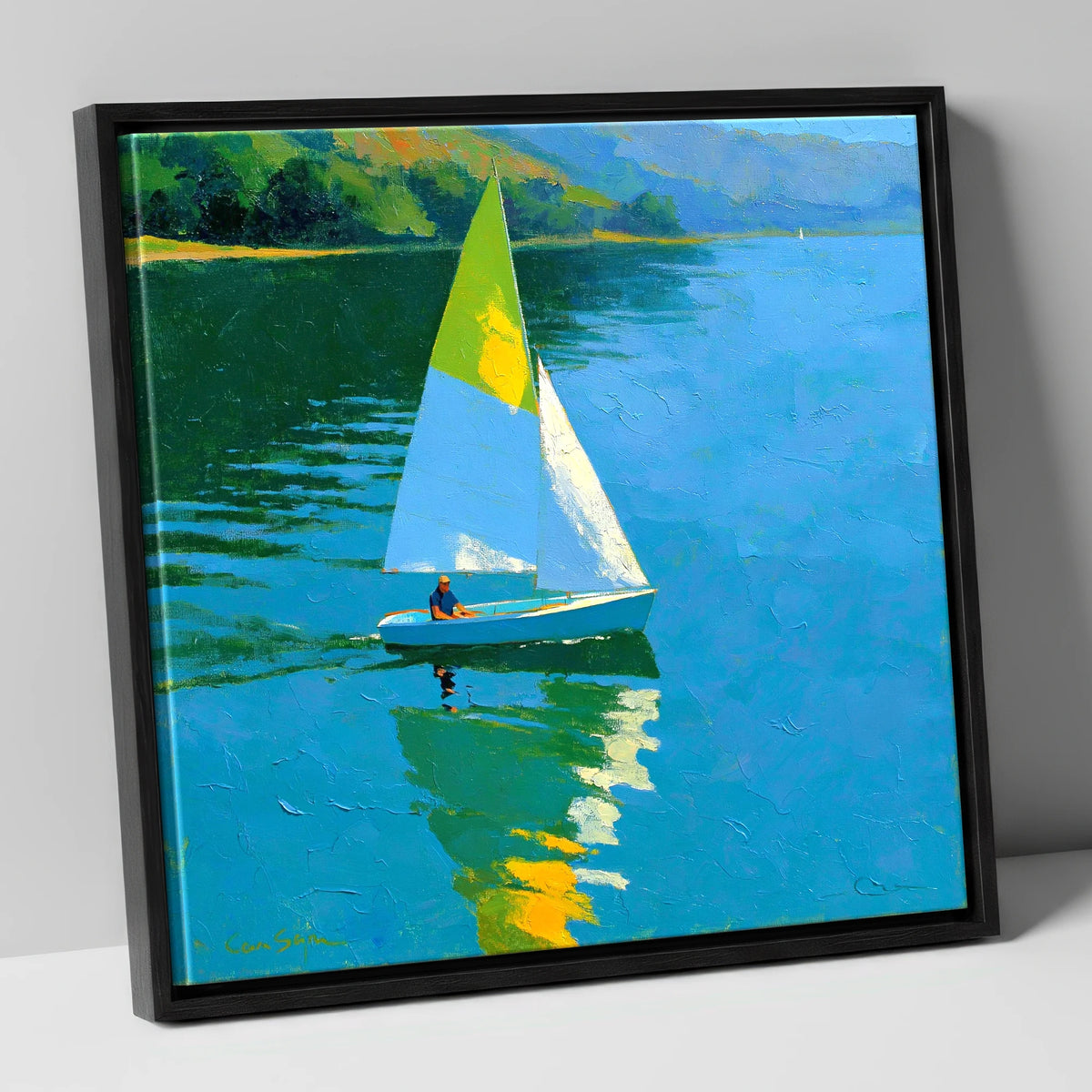 Blue Lake Sailing in Summer Light lake district walking canvas wall art in black frame