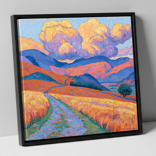 Golden Fells Under Storm Clouds lake district sky canvas wall art in black frame