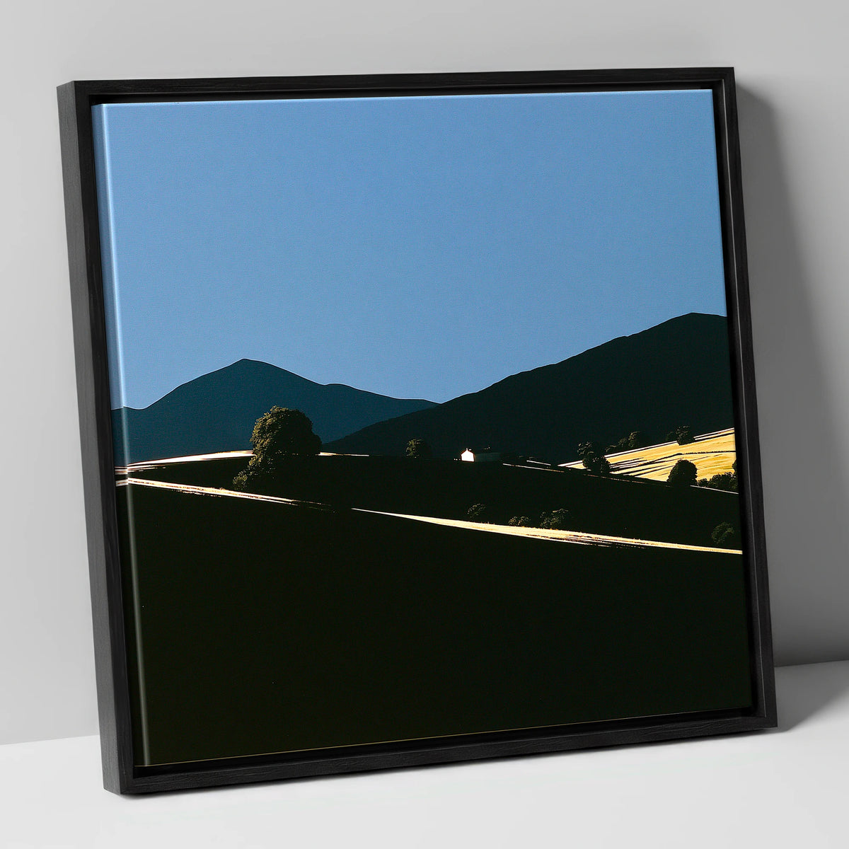Golden Light on Silhouetted Fells lake district sky canvas wall art in black frame