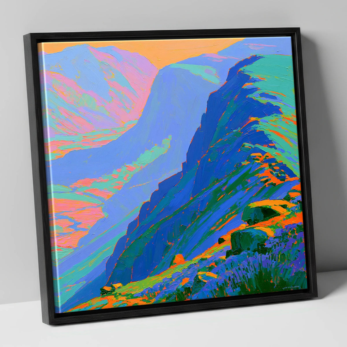 Electric Blue Mountain Ridge lake district fell canvas wall art in black frame