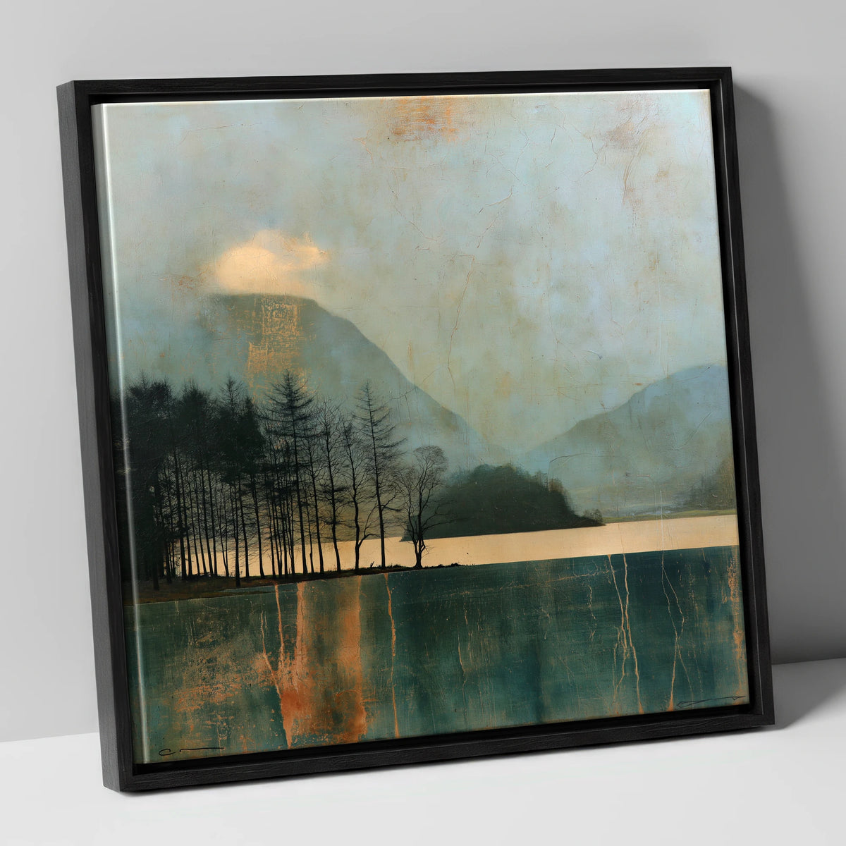 Grasmere Island in Teal and Gold lake district lake canvas wall art in black frame