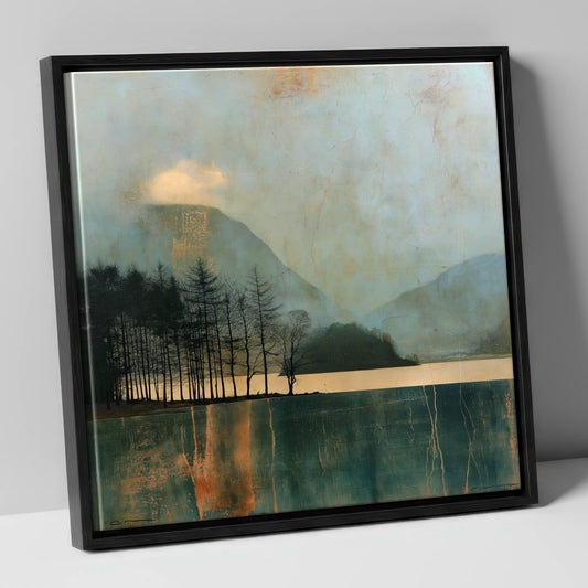 Grasmere Island in Teal and Gold lake district lake canvas wall art in black frame