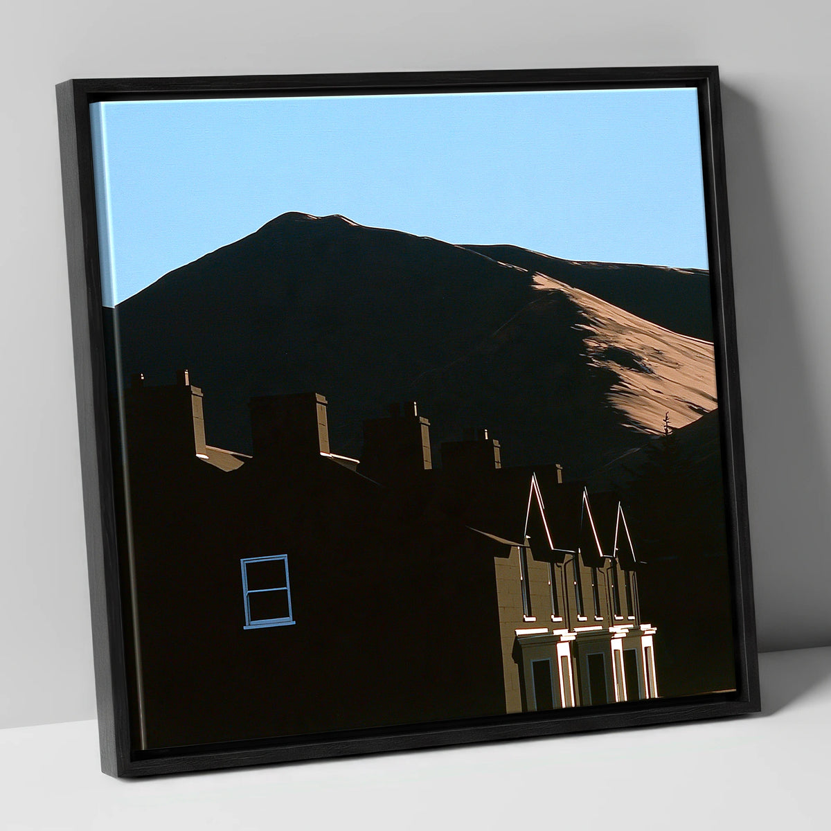 Silhouetted Keswick Terraces Beneath Skiddaw lake district village canvas wall art in black frame