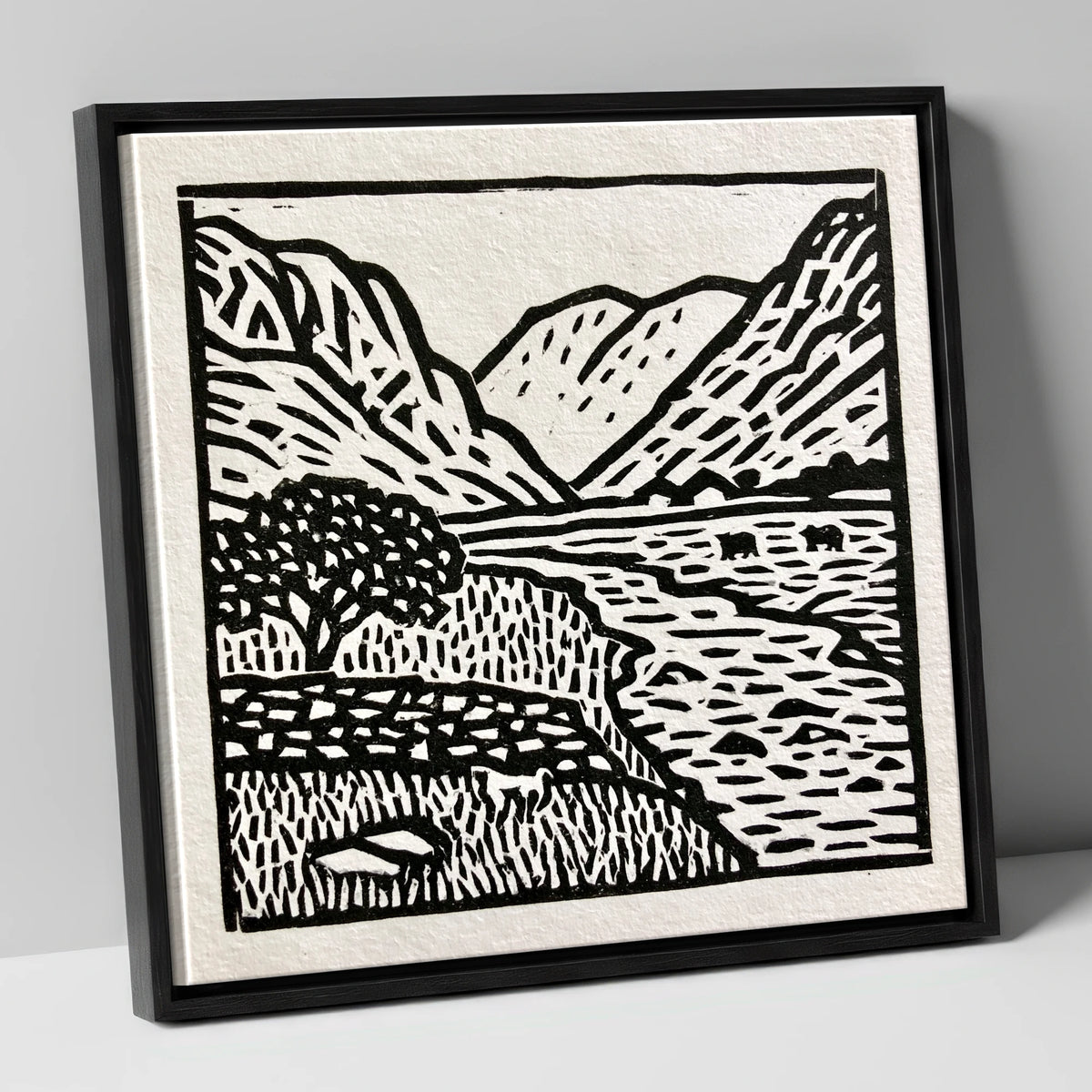 Monochrome Eskdale Valley Landscape lake district valley canvas wall art in black frame