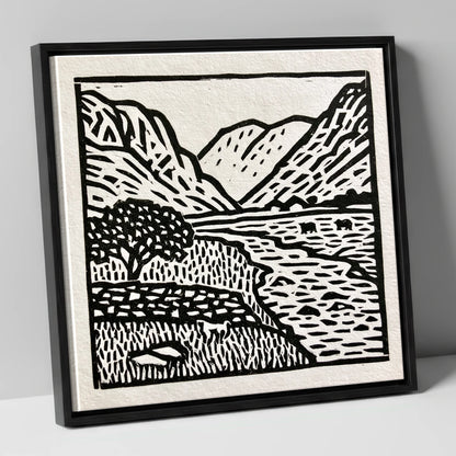 Monochrome Eskdale Valley Landscape lake district valley canvas wall art in black frame