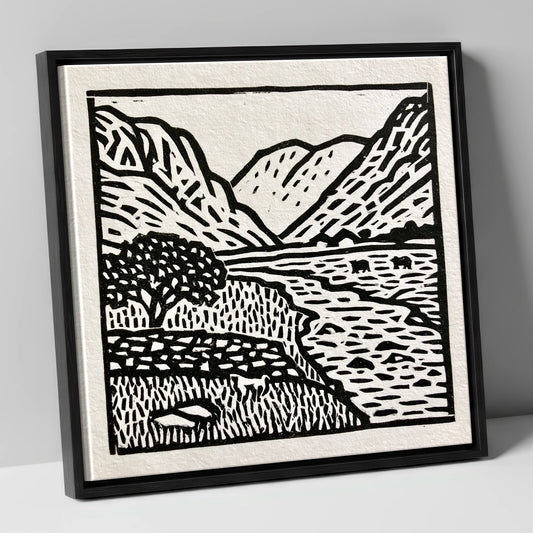 Monochrome Eskdale Valley Landscape lake district valley canvas wall art in black frame