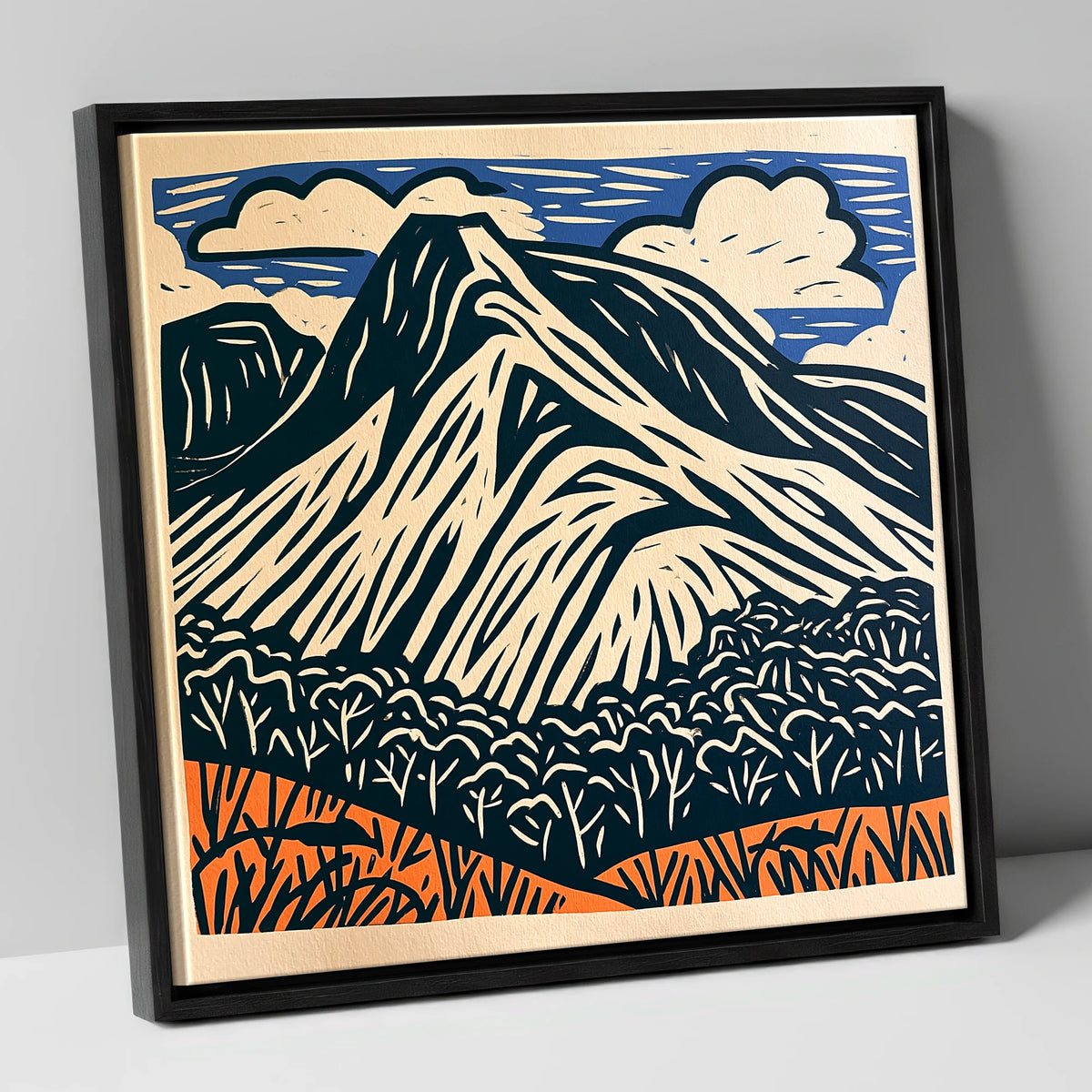 Bowfell Peak in Deep Navy lake district fell canvas wall art in black frame