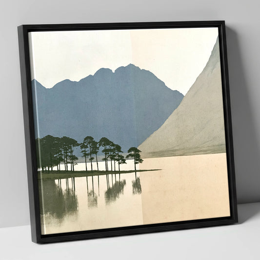 Mirrored Scots Pines at Buttermere lake district lake canvas wall art in black frame