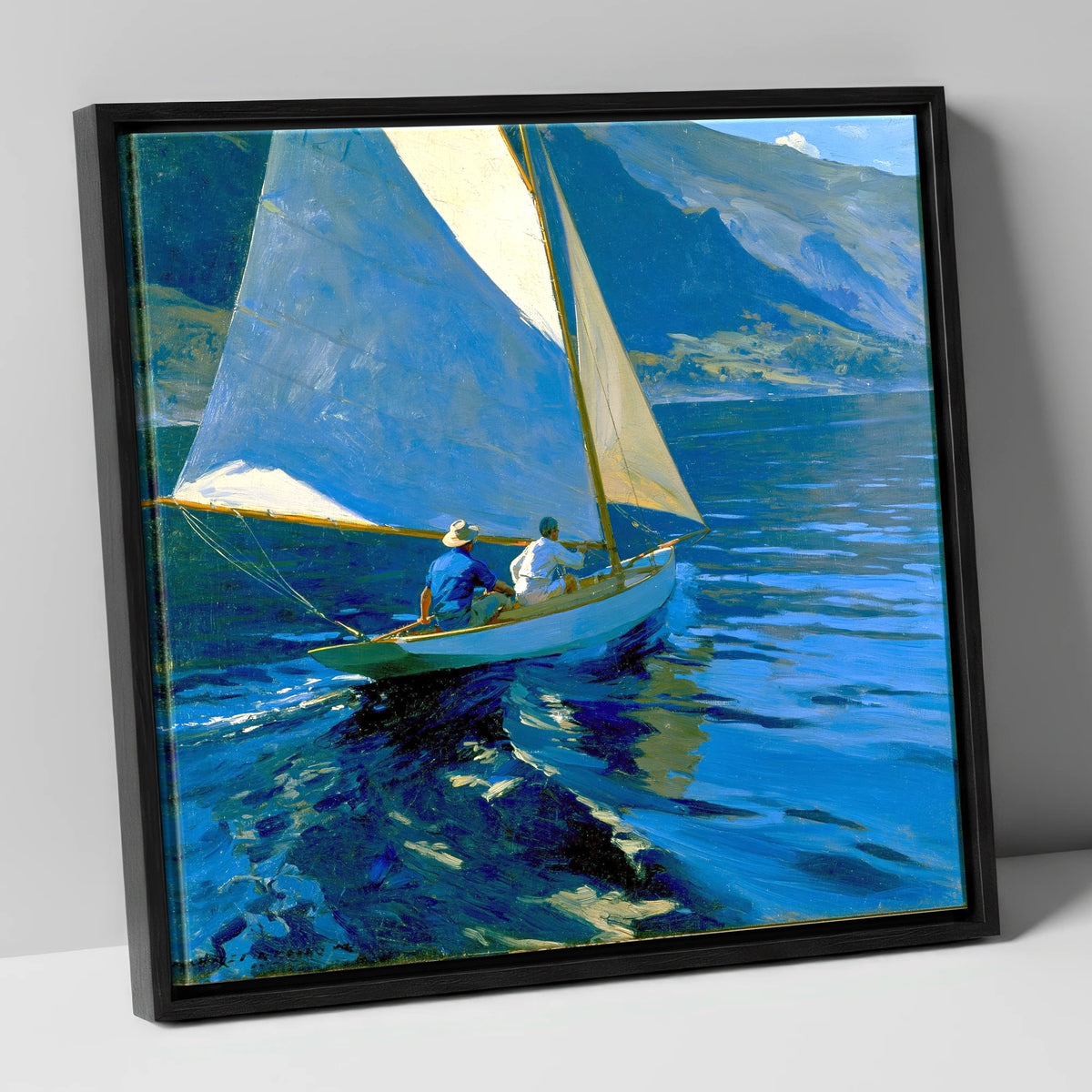 Sailboat on Deep Cobalt Waters lake district walking canvas wall art in black frame