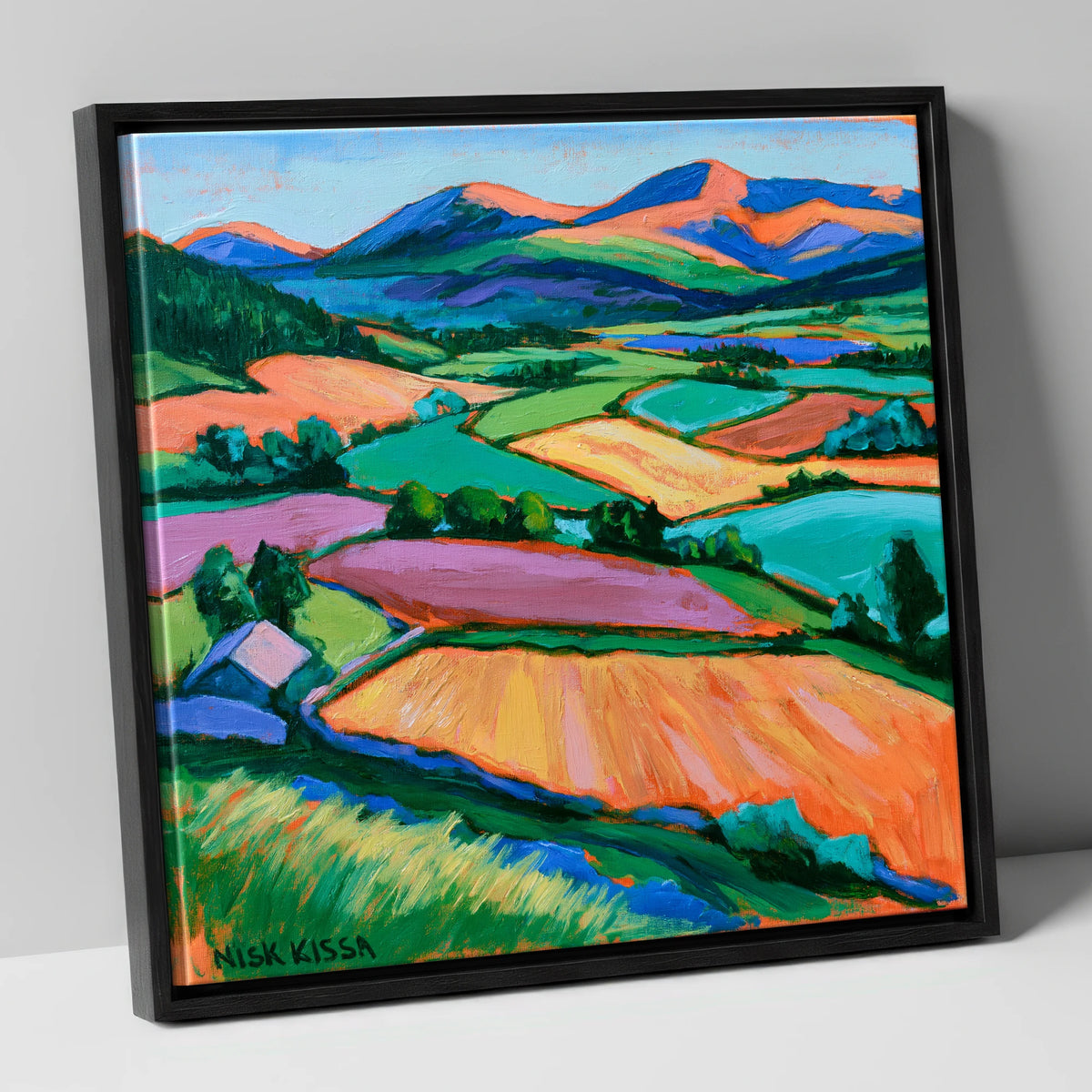 Vibrant Patchwork Fields in a Dale lake district valley canvas wall art in black frame