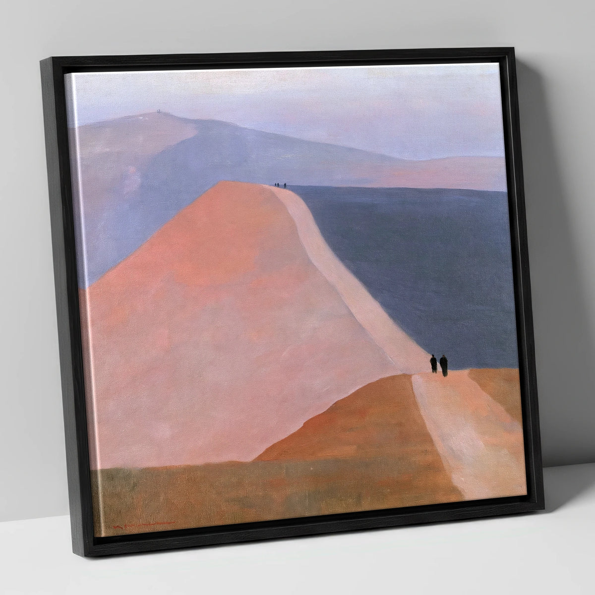 Walkers on a Pastel Mountain Ridge lake district walking canvas wall art in black frame