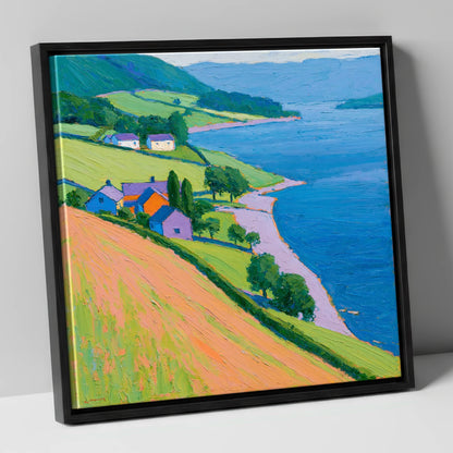 Colourful Lakeside Village lake district village canvas wall art in black frame