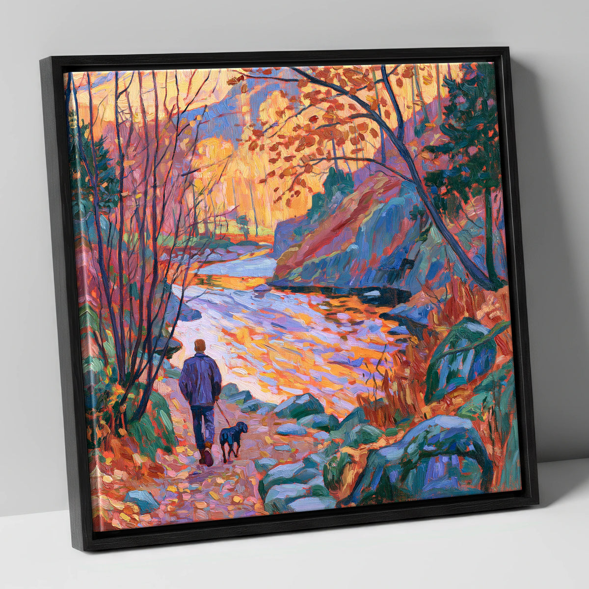 Autumn Dog Walk Aira Force gifts for dog walkers canvas wall art in black frame