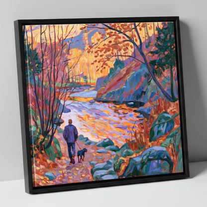 Autumn Dog Walk Aira Force gifts for dog walkers canvas wall art in black frame
