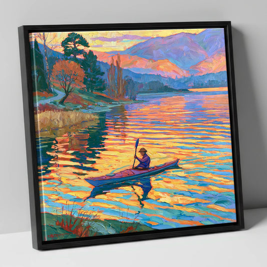 Sunset Kayaker on the Lake lake district walking canvas wall art in black frame