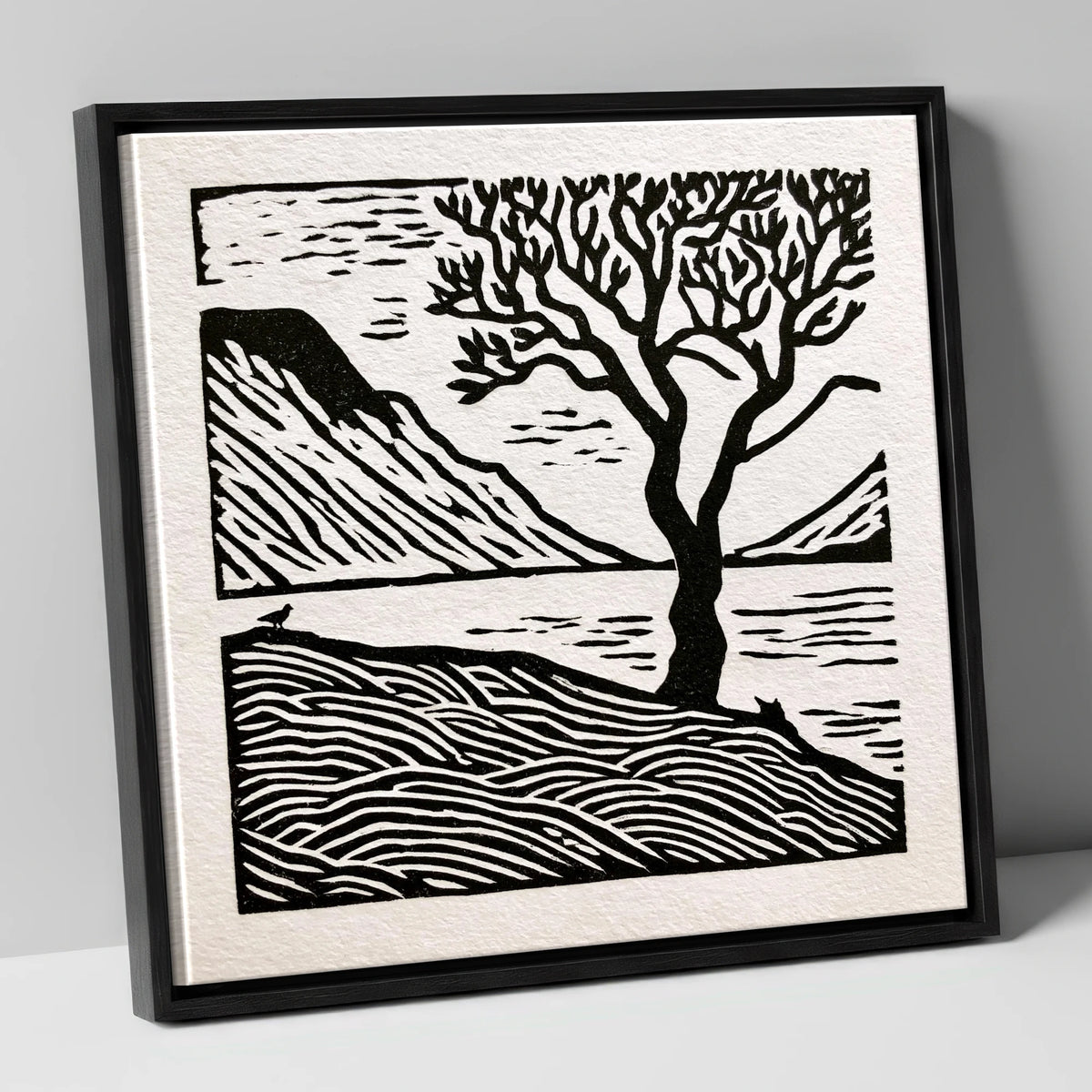 Monochrome Wasdale Fells and Tree lake district valley canvas wall art in black frame