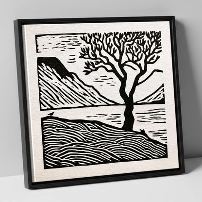 Monochrome Wasdale Fells and Tree lake district valley canvas wall art in black frame