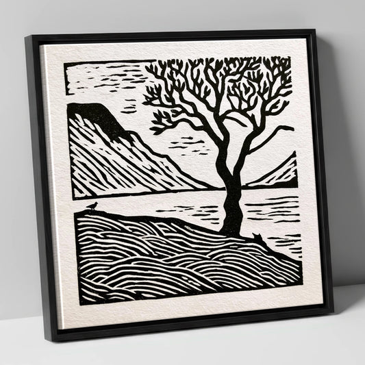 Monochrome Wasdale Fells and Tree lake district valley canvas wall art in black frame