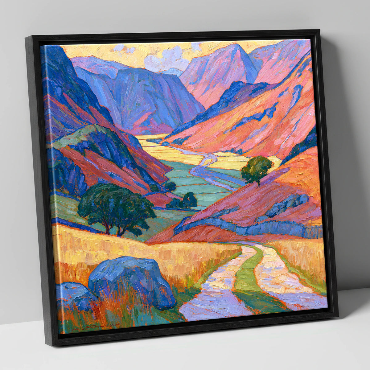Vibrant Amber Light in the Fell Valley lake district valley canvas wall art in black frame