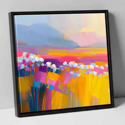 Vibrant Bog Cotton Moorland lake district wildflower canvas wall art in black frame