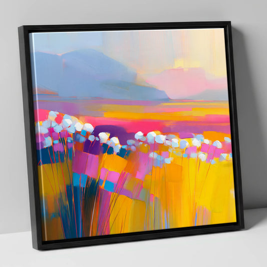 Vibrant Bog Cotton Moorland lake district wildflower canvas wall art in black frame