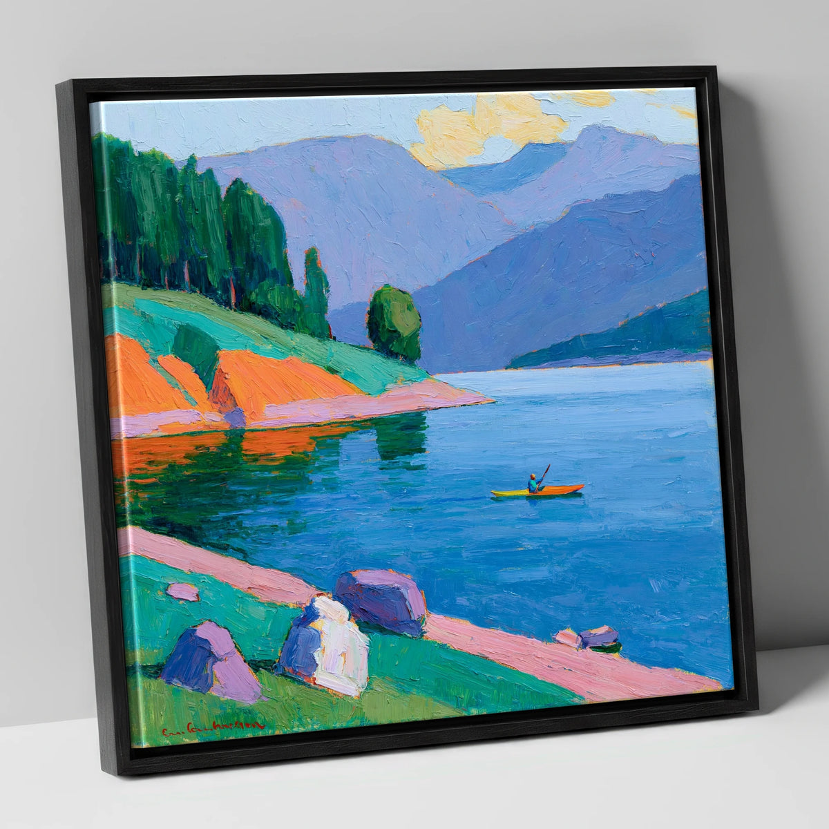 Vivid Kayaker on the Lake lake district walking canvas wall art in black frame