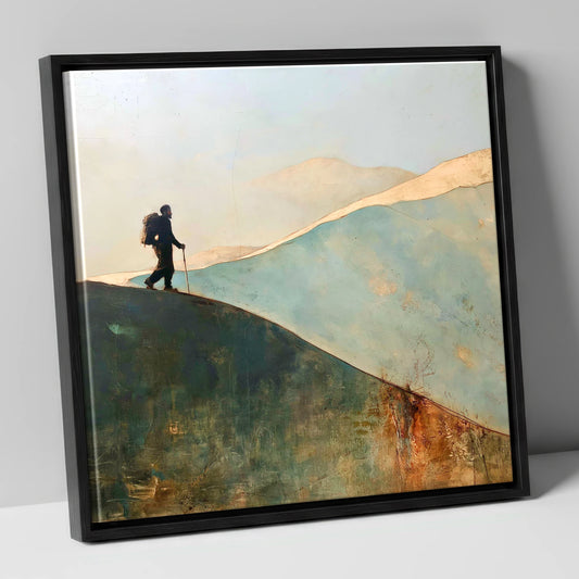 Silhouette Walker on Fell Ridge lake district walking canvas wall art in black frame
