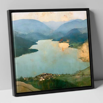 Glenridding and Ullswater in Gold lake district village canvas wall art in black frame