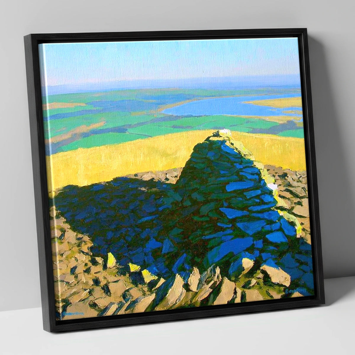 Vibrant Brae Fell Stone Cairn lake district fell canvas wall art in black frame