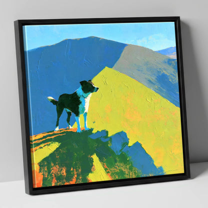 Vibrant Dog on Skiddaw Summit gifts for dog walkers canvas wall art in black frame