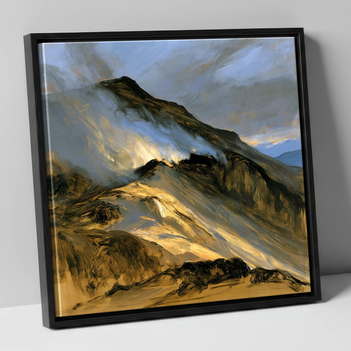 Sunlit Mountain Ridge in Mist lake district fell canvas wall art in black frame