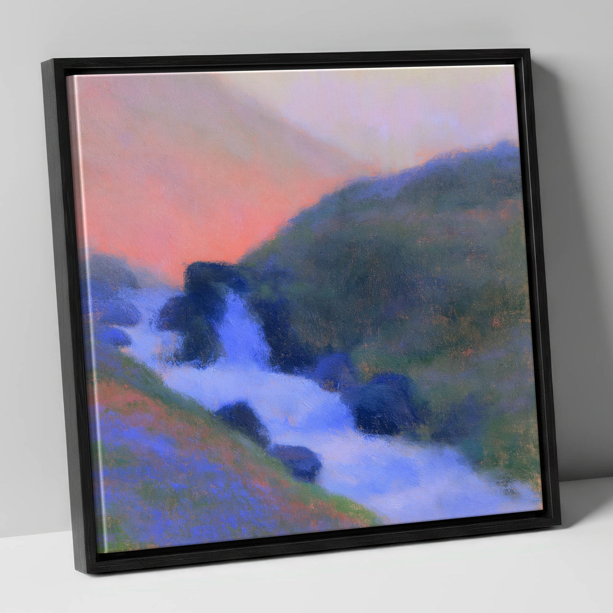Fellside Beck in Peach Twilight lake district waterfall canvas wall art in black frame