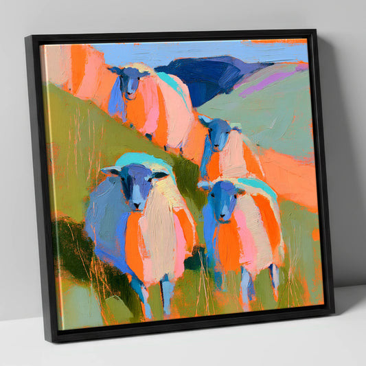 Vibrant Herdwick Sheep on Fellside lake district wildlife canvas wall art in black frame