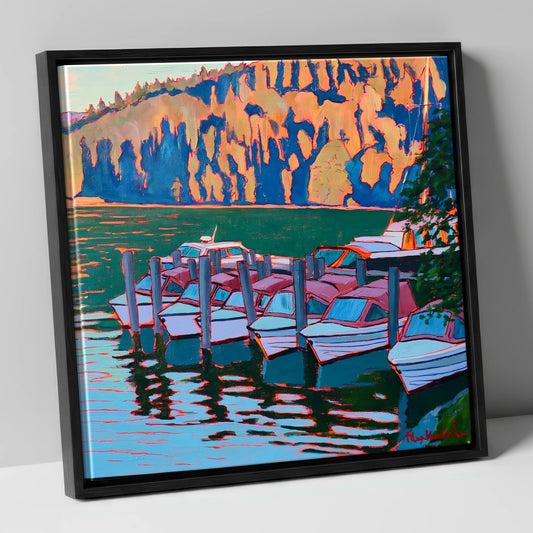Colourful Windermere Boat Mooring lake district lake canvas wall art in black frame