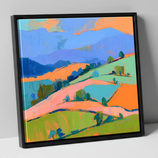 Bold Pastel Rolling Fells lake district fell canvas wall art in black frame