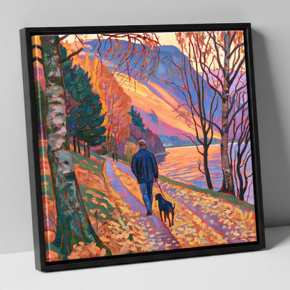 Autumn Dog Walk at Glenridding gifts for dog walkers canvas wall art in black frame