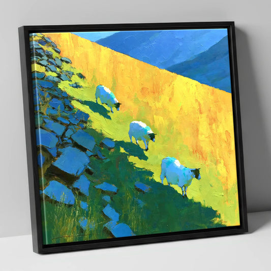 Fellside Sheep in Radiant Mountain Sunlight lake district wildlife canvas wall art in black frame