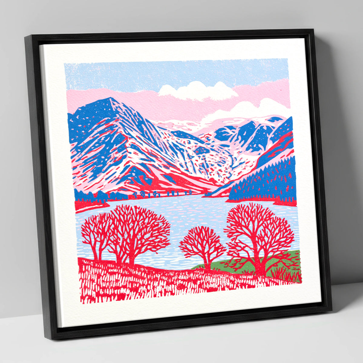 Graphic Buttermere in Red and Blue lake district lake canvas wall art in black frame