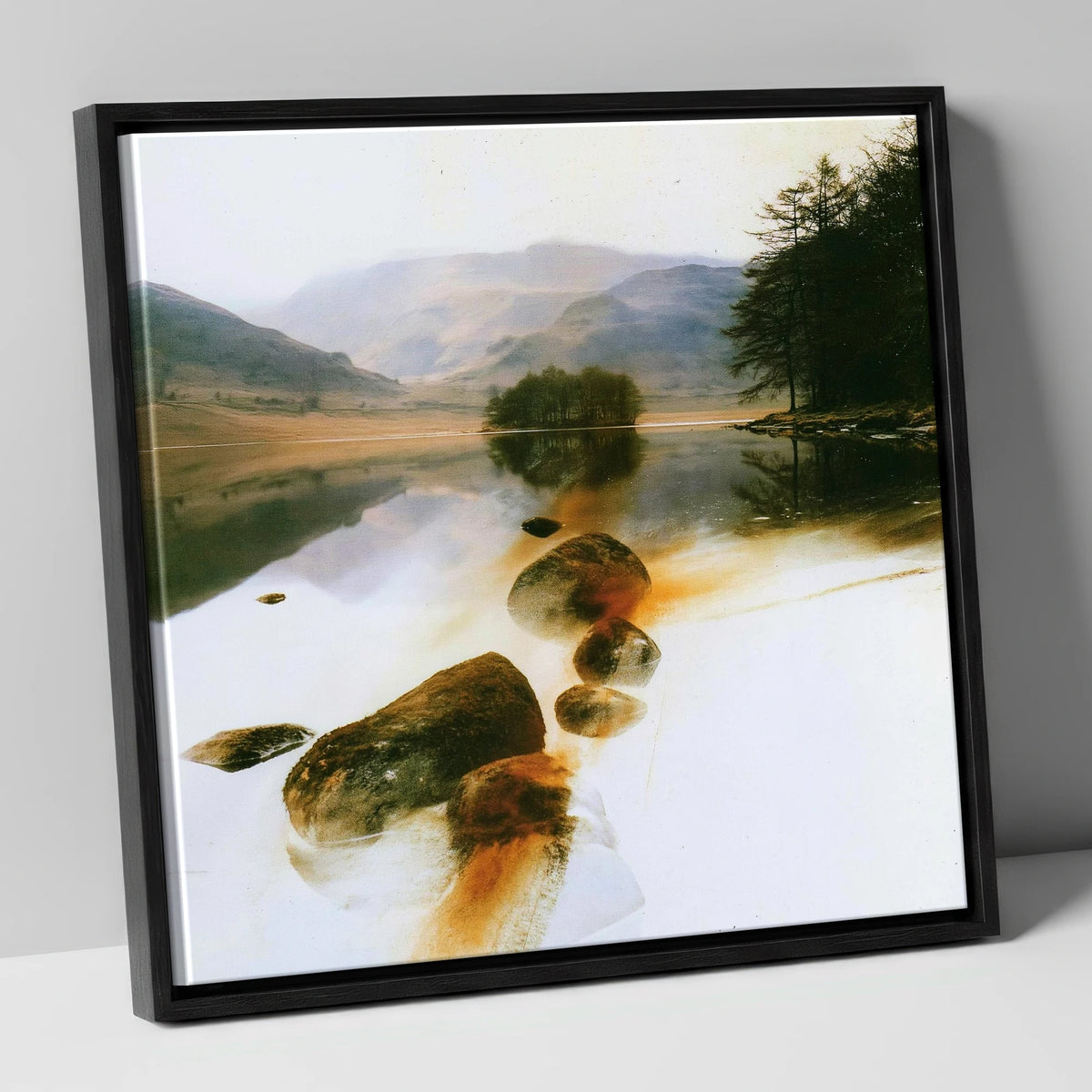 Copper Shallows at Rydal Water lake district lake canvas wall art in black frame